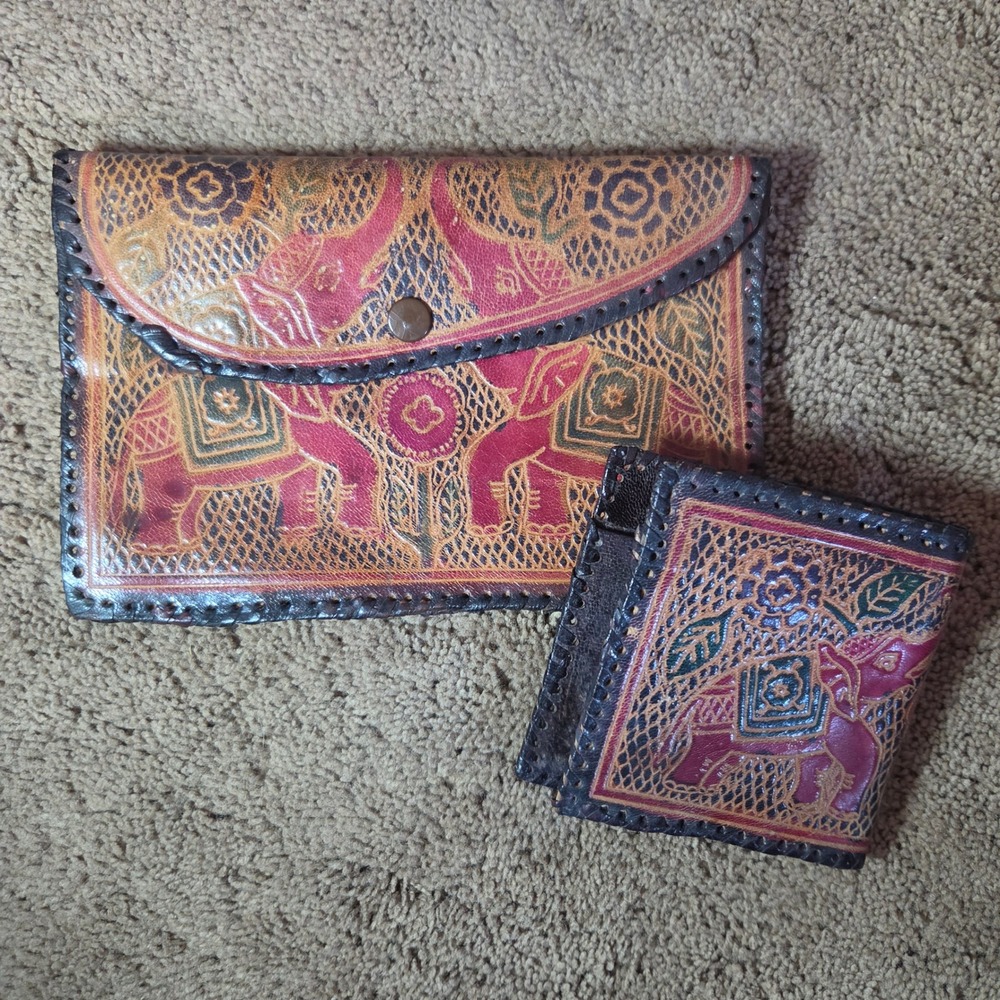 Vintage Hand Tooled Leather Elephant Wallet and Clutch Set India